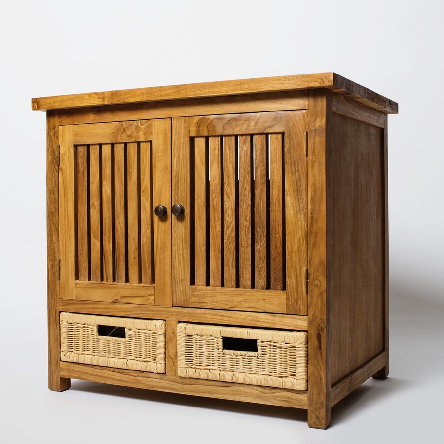 Wooden shelving unit displaying organized kitchen items and dishware